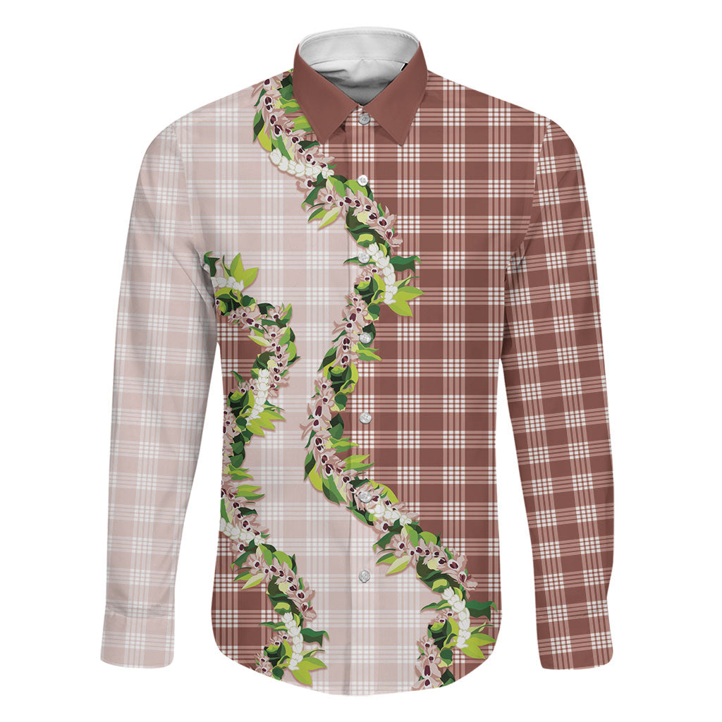 Mocha Hawaii Palaka Family Matching Off Shoulder Short Dress and Hawaiian Shirt Maile Pikake Honohono Orchid Lei LT05 Dad's Shirt - Long Sleeve Mocha - Polynesian Pride
