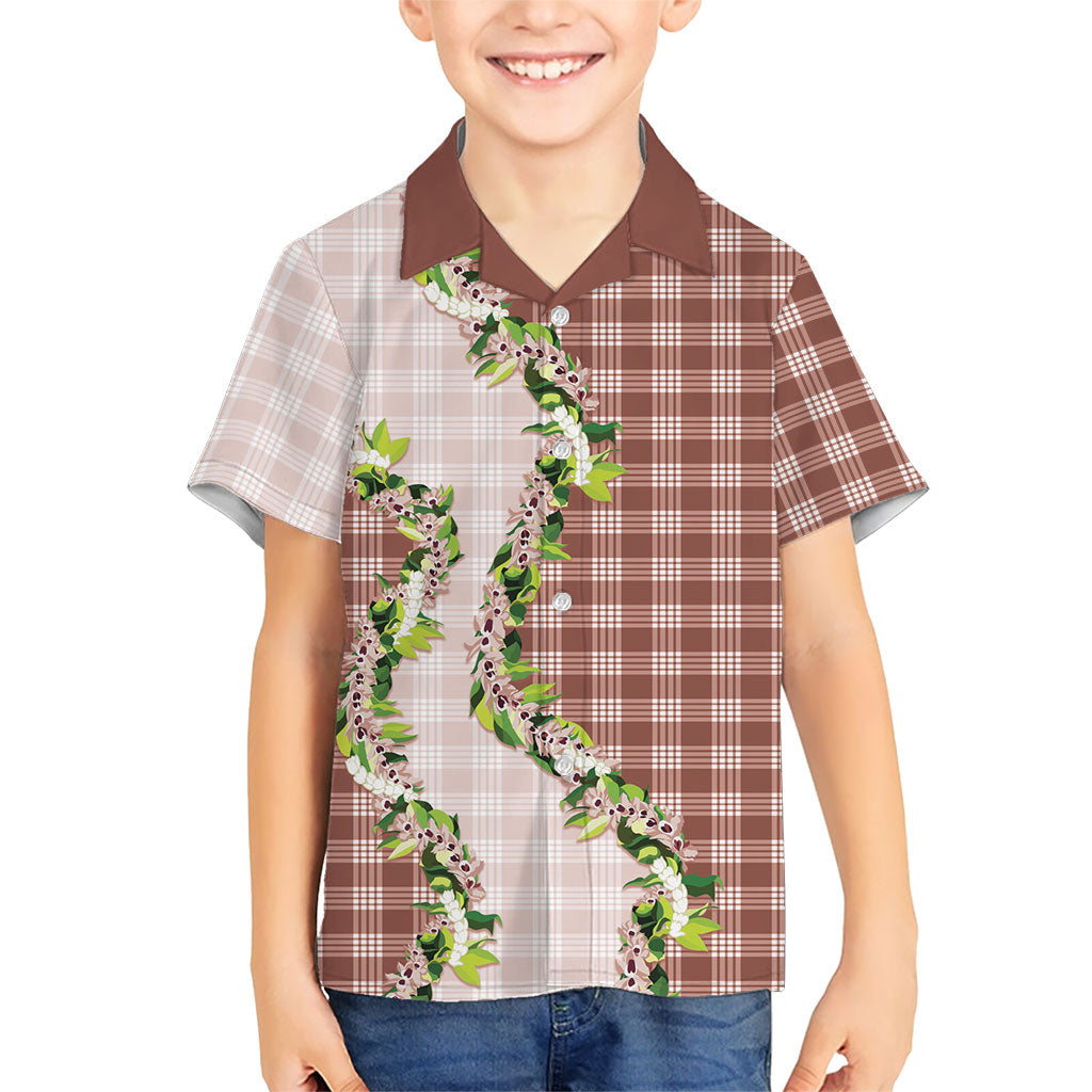Mocha Hawaii Palaka Family Matching Summer Maxi Dress and Hawaiian Shirt Maile Pikake Honohono Orchid Lei LT05 Son's Shirt Mocha - Polynesian Pride