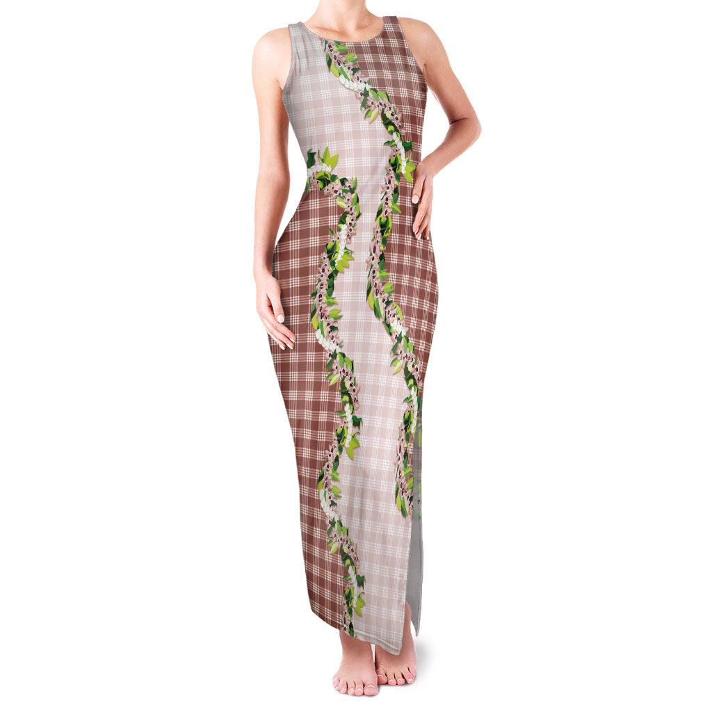 Mocha Hawaii Palaka Family Matching Tank Maxi Dress and Hawaiian Shirt Maile Pikake Honohono Orchid Lei LT05 Mom's Dress Mocha - Polynesian Pride