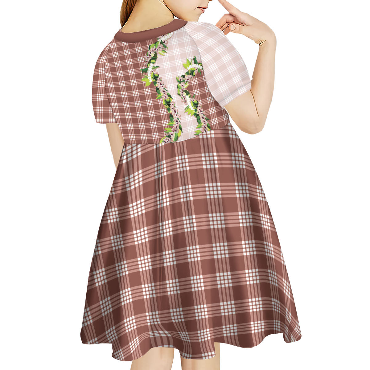 Mocha Hawaii Palaka Kid Short Sleeve Dress Maile Pikake Honohono Orchid Lei LT05 - Polynesian Pride