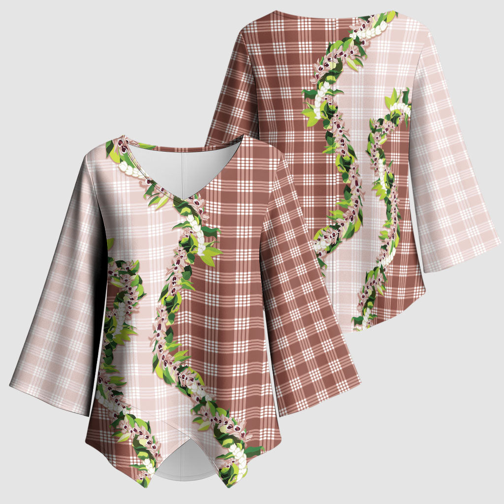 Mocha Hawaii Palaka Kimono Sleeve Blouse Maile Pikake Honohono Orchid Lei