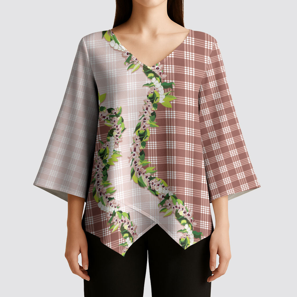 Mocha Hawaii Palaka Kimono Sleeve Blouse Maile Pikake Honohono Orchid Lei