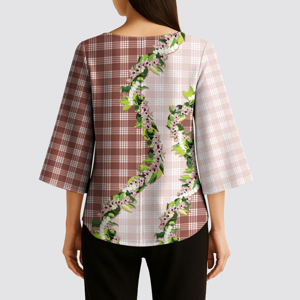 Mocha Hawaii Palaka Kimono Sleeve Blouse Maile Pikake Honohono Orchid Lei