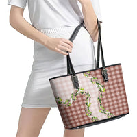 Mocha Hawaii Palaka Leather Tote Bag Maile Pikake Honohono Orchid Lei