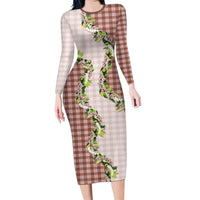 Mocha Hawaii Palaka Long Sleeve Bodycon Dress Maile Pikake Honohono Orchid Lei LT05 Long Dress Mocha - Polynesian Pride