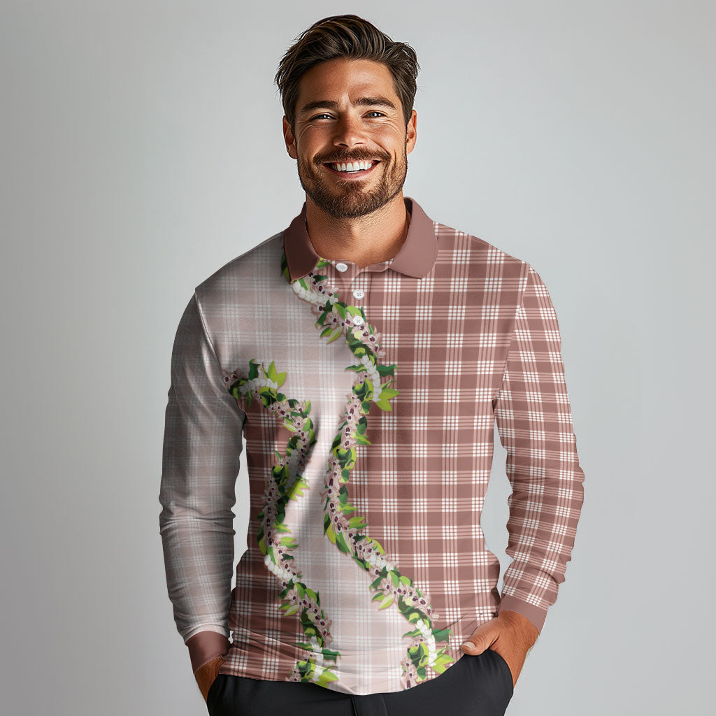 Mocha Hawaii Palaka Long Sleeve Polo Shirt Maile Pikake Honohono Orchid Lei LT05 - Polynesian Pride
