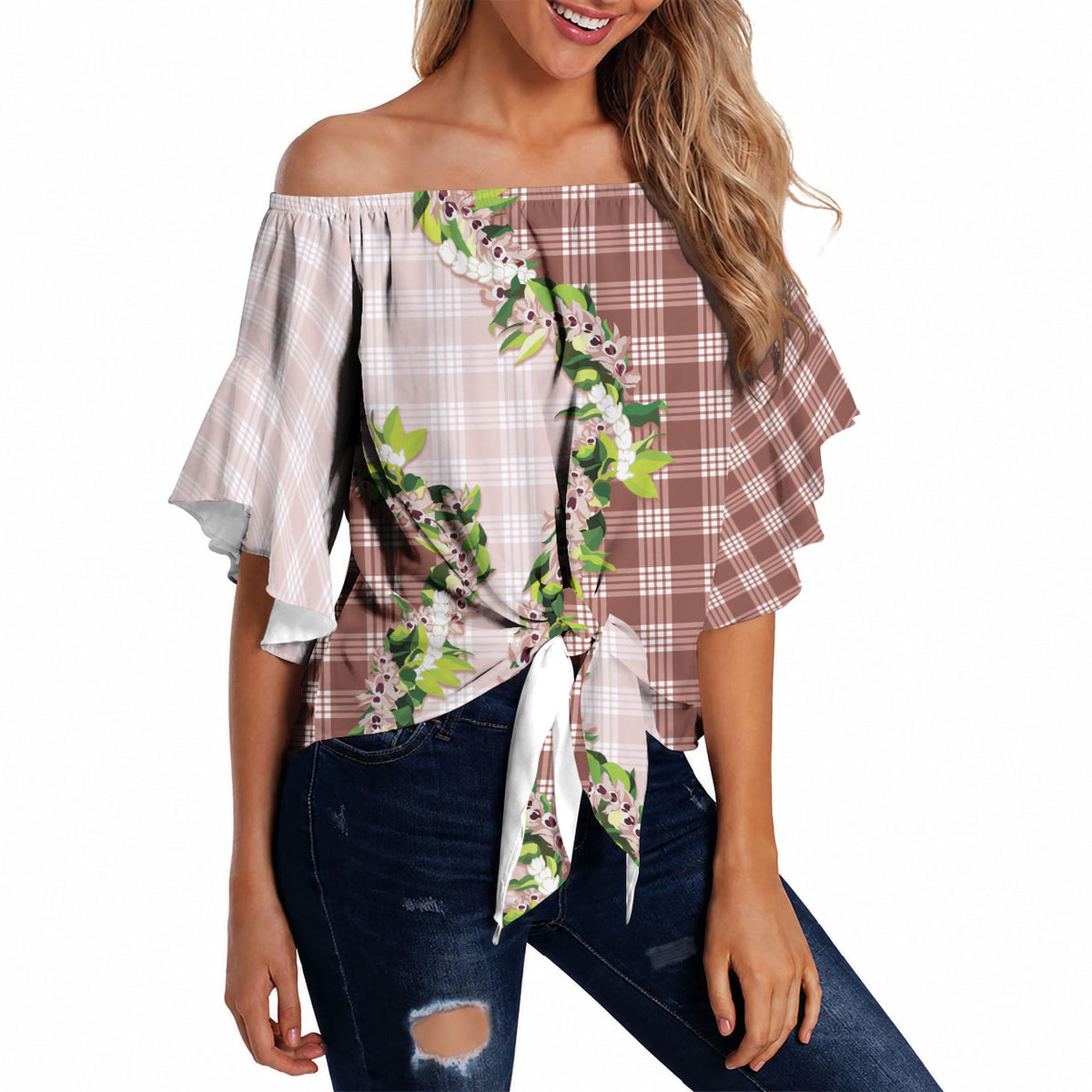 Mocha Hawaii Palaka Off Shoulder Wrap Waist Top Maile Pikake Honohono Orchid Lei LT05 - Polynesian Pride