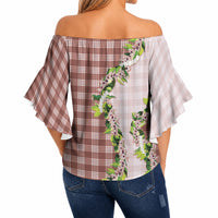Mocha Hawaii Palaka Off Shoulder Wrap Waist Top Maile Pikake Honohono Orchid Lei LT05 - Polynesian Pride