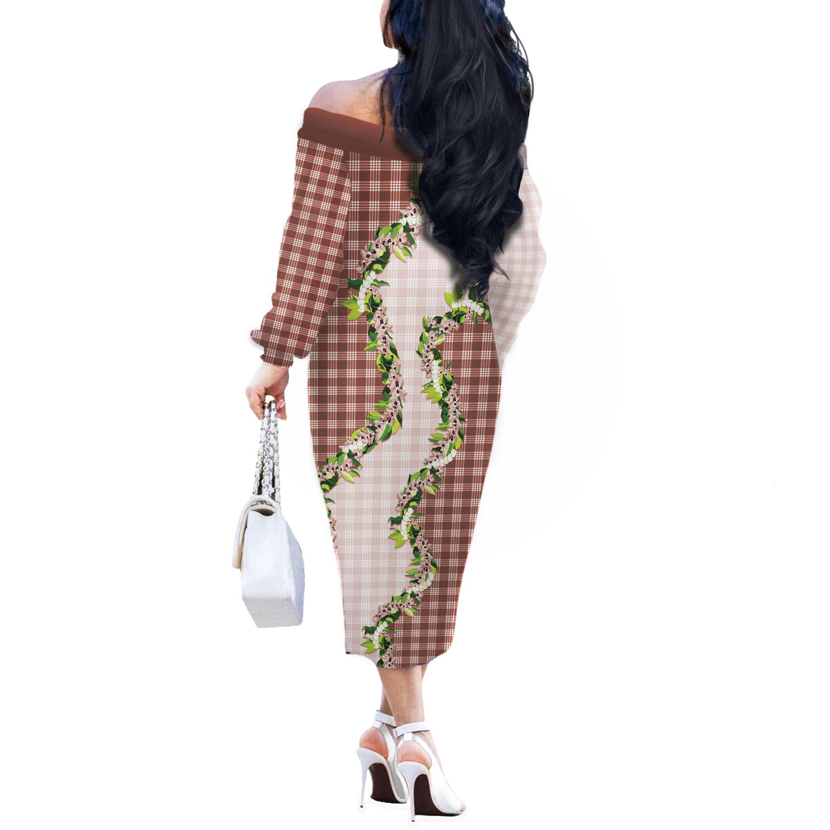 Mocha Hawaii Palaka Off The Shoulder Long Sleeve Dress Maile Pikake Honohono Orchid Lei LT05 - Polynesian Pride