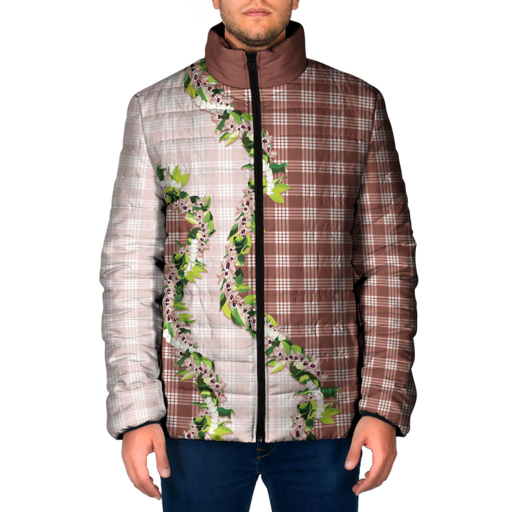 Mocha Hawaii Palaka Padded Jacket Maile Pikake Honohono Orchid Lei