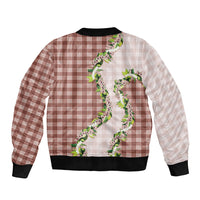 Mocha Hawaii Palaka Sleeve Zip Bomber Jacket Maile Pikake Honohono Orchid Lei