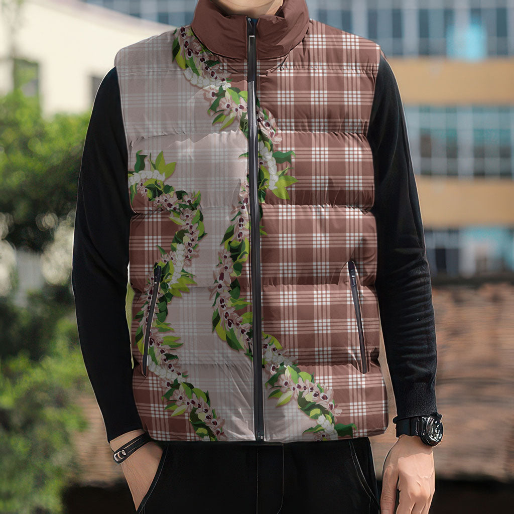 Mocha Hawaii Palaka Sleeveless Puffer Jacket Maile Pikake Honohono Orchid Lei