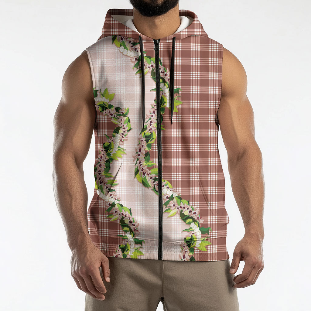 Mocha Hawaii Palaka Sleeveless Zip Hoodie Maile Pikake Honohono Orchid Lei LT05 - Polynesian Pride