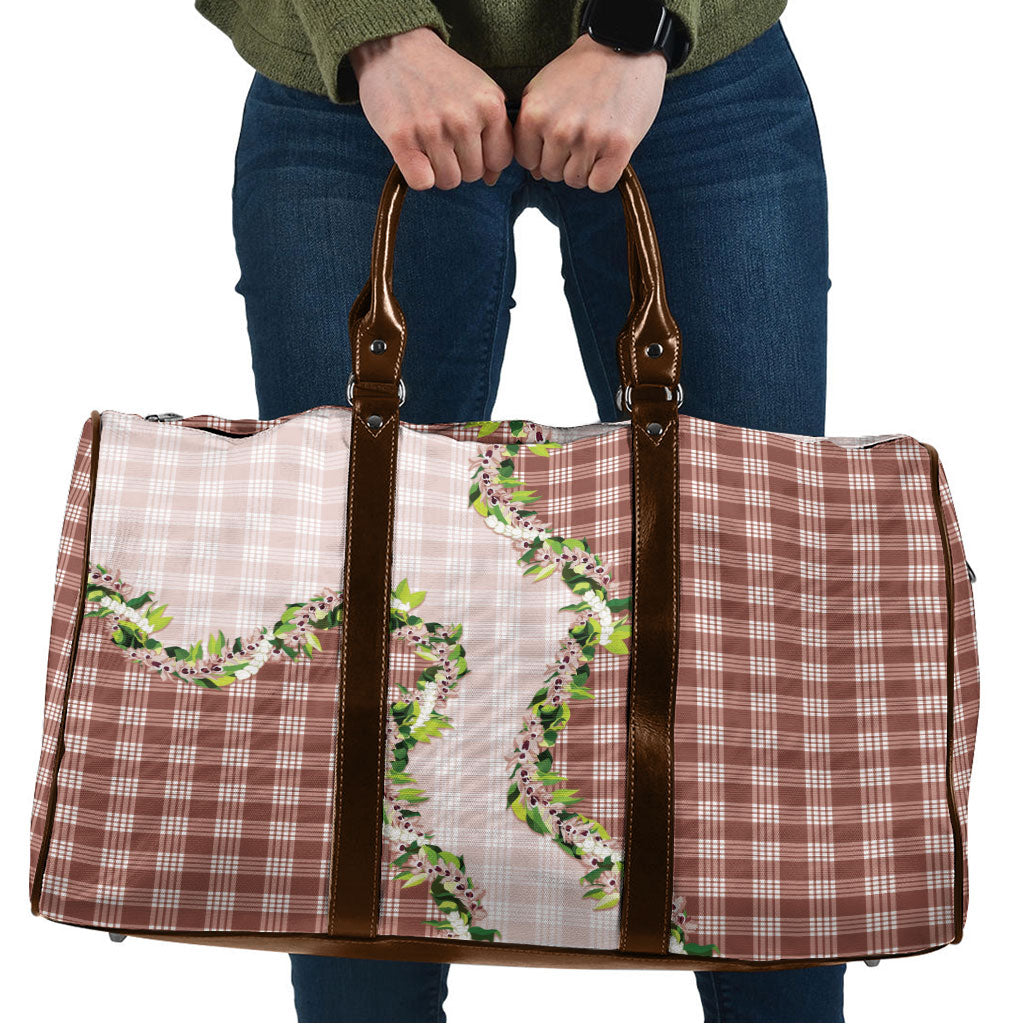 Mocha Hawaii Palaka Travel Bag Maile Pikake Honohono Orchid Lei
