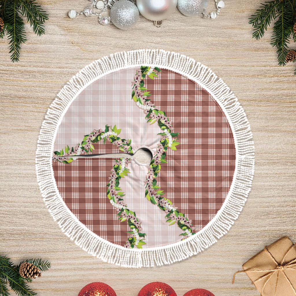Mocha Hawaii Palaka Tree Skirt Maile Pikake Honohono Orchid Lei LT05 Fringed Mocha - Polynesian Pride