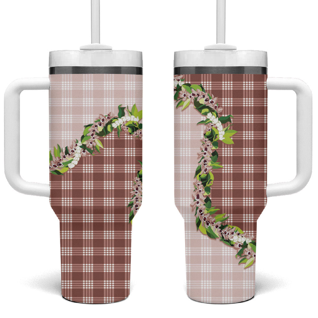 Mocha Hawaii Palaka Tumbler With Handle Maile Pikake Honohono Orchid Lei