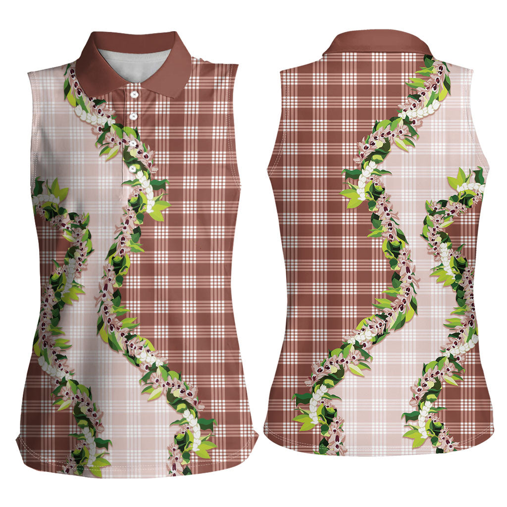 Mocha Hawaii Palaka Women Sleeveless Polo Shirt Maile Pikake Honohono Orchid Lei LT05 - Polynesian Pride