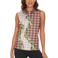 Mocha Hawaii Palaka Women Sleeveless Polo Shirt Maile Pikake Honohono Orchid Lei LT05 - Polynesian Pride