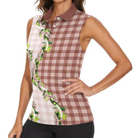 Mocha Hawaii Palaka Women Sleeveless Polo Shirt Maile Pikake Honohono Orchid Lei LT05 - Polynesian Pride