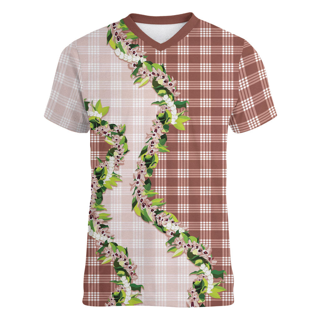 Mocha Hawaii Palaka Women V-Neck T-Shirt Maile Pikake Honohono Orchid Lei LT05 Female Mocha - Polynesian Pride