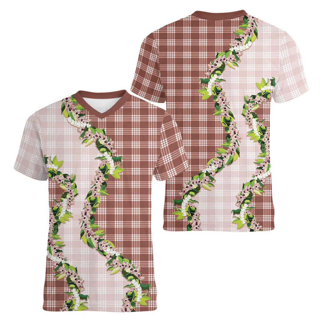 Mocha Hawaii Palaka Women V-Neck T-Shirt Maile Pikake Honohono Orchid Lei LT05 - Polynesian Pride