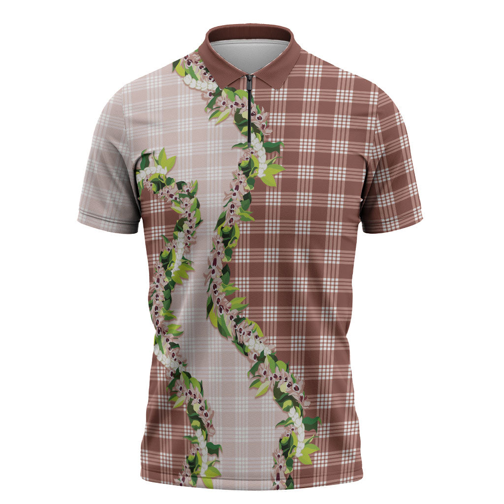Mocha Hawaii Palaka Zipper Polo Shirt Maile Pikake Honohono Orchid Lei LT05 Mocha - Polynesian Pride