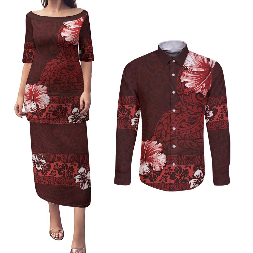 Hawaii Hibiscus With Oxblood Polynesian Pattern Couples Matching Puletasi and Long Sleeve Button Shirt LT05 Red - Polynesian Pride