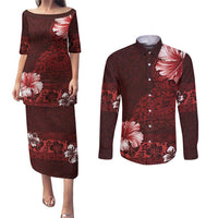 Hawaii Hibiscus With Oxblood Polynesian Pattern Couples Matching Puletasi and Long Sleeve Button Shirt LT05 Red - Polynesian Pride