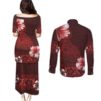 Hawaii Hibiscus With Oxblood Polynesian Pattern Couples Matching Puletasi and Long Sleeve Button Shirt LT05 - Polynesian Pride
