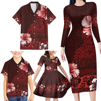 Hawaii Hibiscus With Oxblood Polynesian Pattern Family Matching Long Sleeve Bodycon Dress and Hawaiian Shirt LT05 - Polynesian Pride