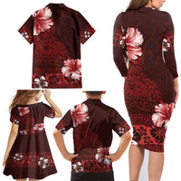 Hawaii Hibiscus With Oxblood Polynesian Pattern Family Matching Long Sleeve Bodycon Dress and Hawaiian Shirt LT05 - Polynesian Pride
