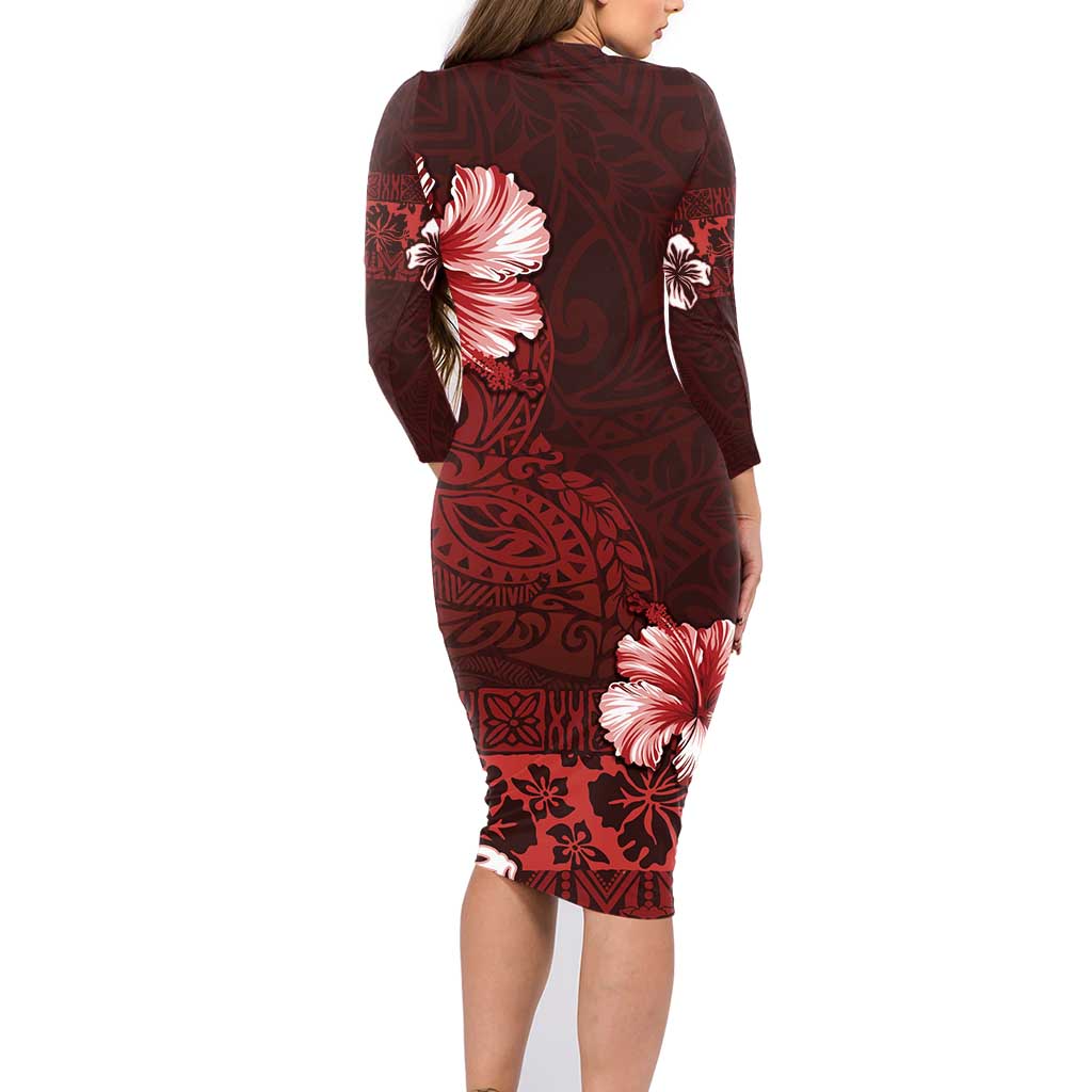Hawaii Hibiscus With Oxblood Polynesian Pattern Family Matching Long Sleeve Bodycon Dress and Hawaiian Shirt LT05 - Polynesian Pride