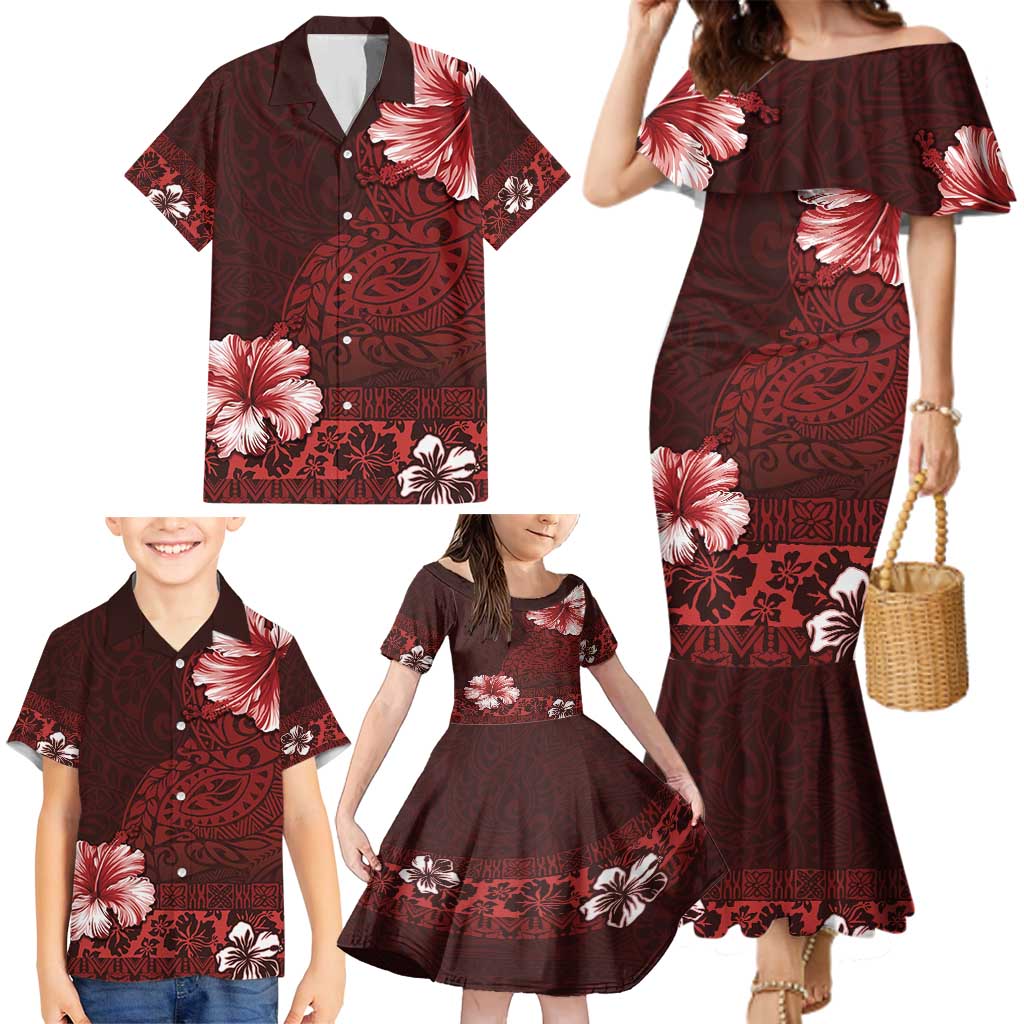 Hawaii Hibiscus With Oxblood Polynesian Pattern Family Matching Mermaid Dress and Hawaiian Shirt LT05 - Polynesian Pride