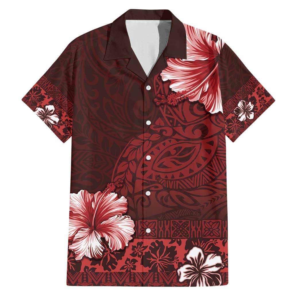 Hawaii Hibiscus With Oxblood Polynesian Pattern Family Matching Mermaid Dress and Hawaiian Shirt LT05 Dad's Shirt - Short Sleeve Red - Polynesian Pride