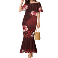 Hawaii Hibiscus With Oxblood Polynesian Pattern Family Matching Mermaid Dress and Hawaiian Shirt LT05 Mom's Dress Red - Polynesian Pride