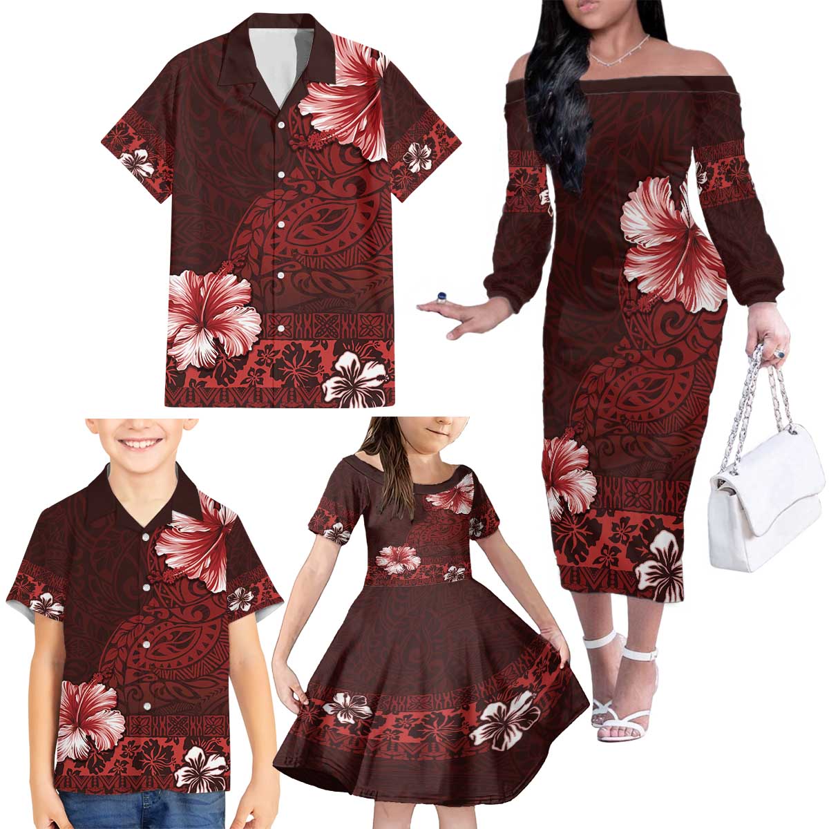Hawaii Hibiscus With Oxblood Polynesian Pattern Family Matching Off The Shoulder Long Sleeve Dress and Hawaiian Shirt LT05 - Polynesian Pride