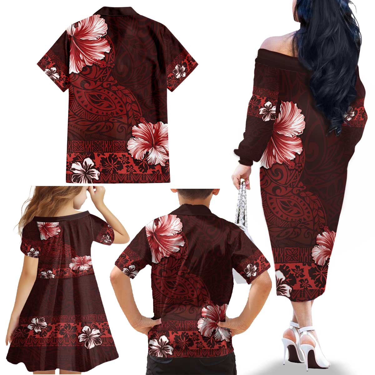 Hawaii Hibiscus With Oxblood Polynesian Pattern Family Matching Off The Shoulder Long Sleeve Dress and Hawaiian Shirt LT05 - Polynesian Pride
