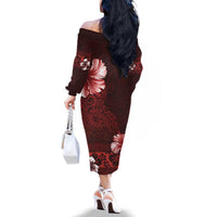 Hawaii Hibiscus With Oxblood Polynesian Pattern Family Matching Off The Shoulder Long Sleeve Dress and Hawaiian Shirt LT05 - Polynesian Pride