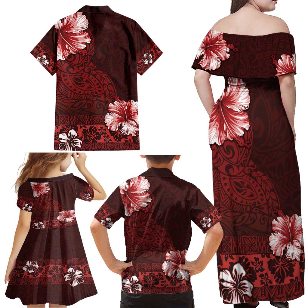 Hawaii Hibiscus With Oxblood Polynesian Pattern Family Matching Off Shoulder Maxi Dress and Hawaiian Shirt LT05 - Polynesian Pride