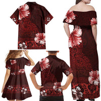 Hawaii Hibiscus With Oxblood Polynesian Pattern Family Matching Off Shoulder Maxi Dress and Hawaiian Shirt LT05 - Polynesian Pride