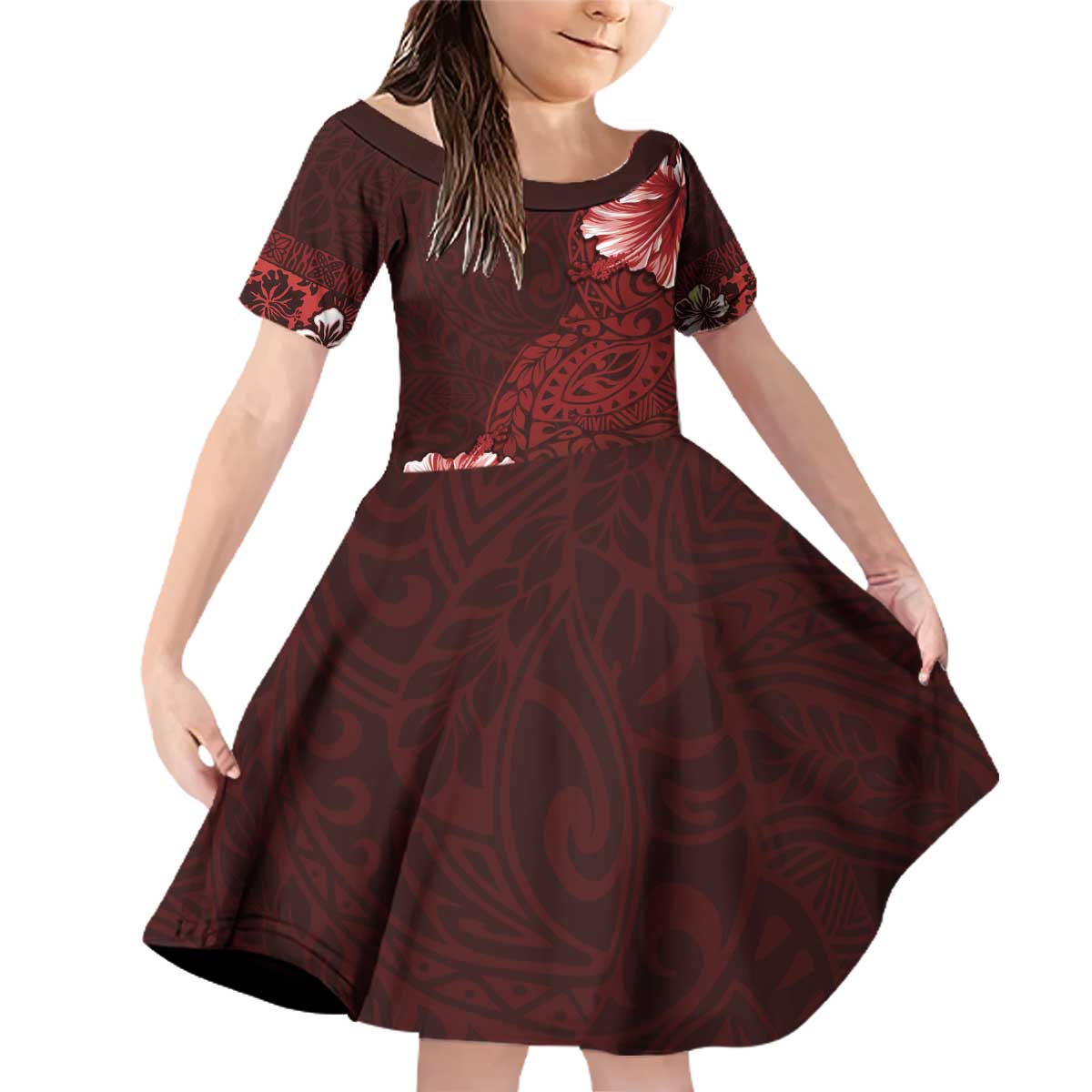 Hawaii Hibiscus With Oxblood Polynesian Pattern Family Matching Off Shoulder Short Dress and Hawaiian Shirt LT05 Daughter's Dress Red - Polynesian Pride