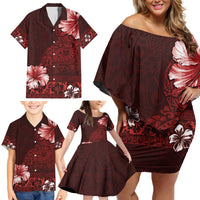 Hawaii Hibiscus With Oxblood Polynesian Pattern Family Matching Off Shoulder Short Dress and Hawaiian Shirt LT05 - Polynesian Pride