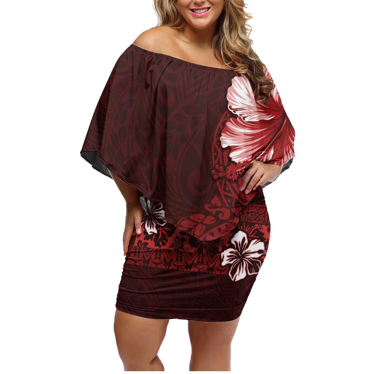 Hawaii Hibiscus With Oxblood Polynesian Pattern Family Matching Off Shoulder Short Dress and Hawaiian Shirt LT05 Mom's Dress Red - Polynesian Pride