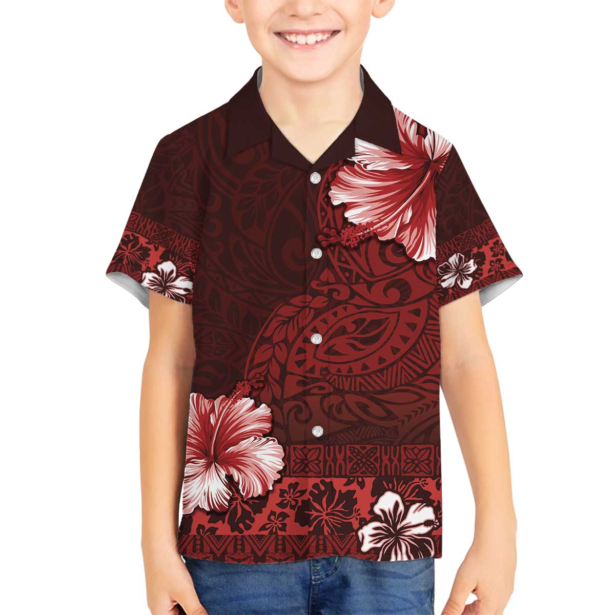 Hawaii Hibiscus With Oxblood Polynesian Pattern Family Matching Off Shoulder Short Dress and Hawaiian Shirt LT05 Son's Shirt Red - Polynesian Pride