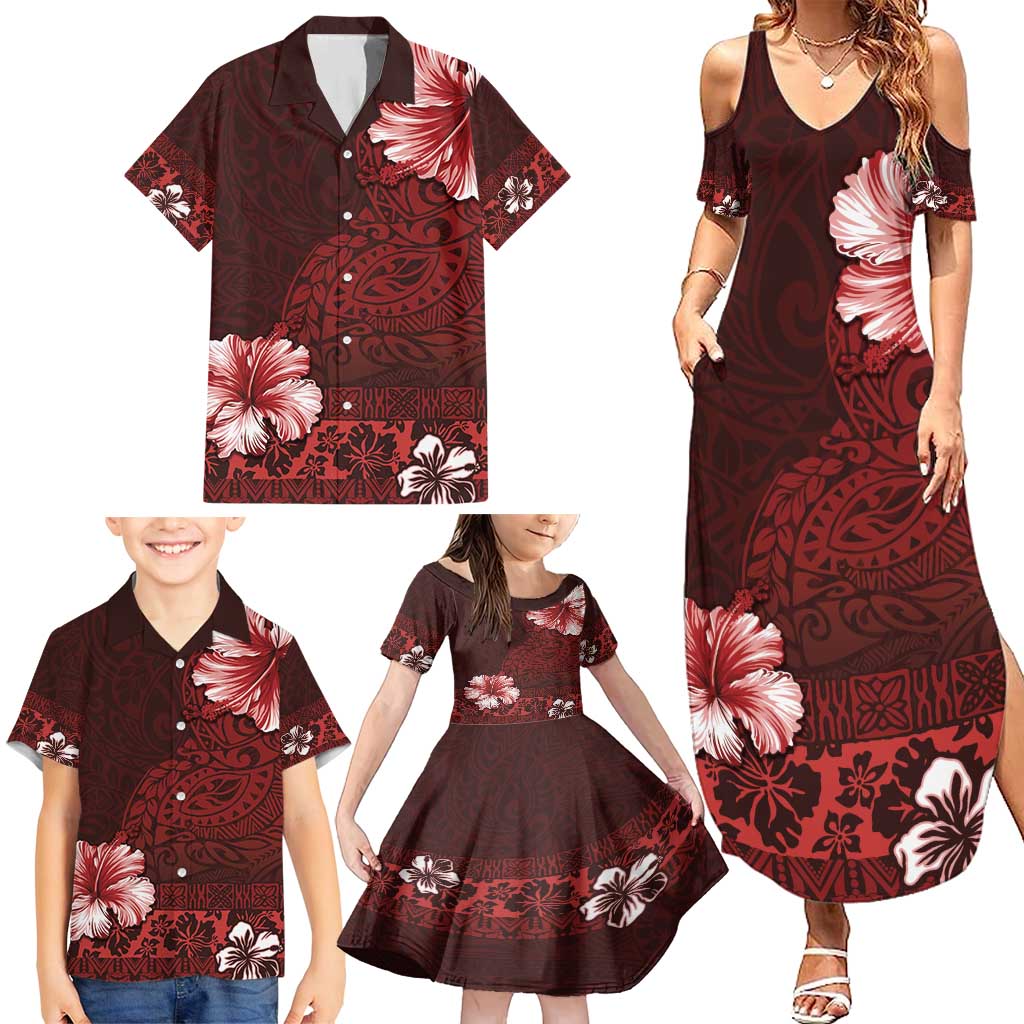 Hawaii Hibiscus With Oxblood Polynesian Pattern Family Matching Summer Maxi Dress and Hawaiian Shirt LT05 - Polynesian Pride