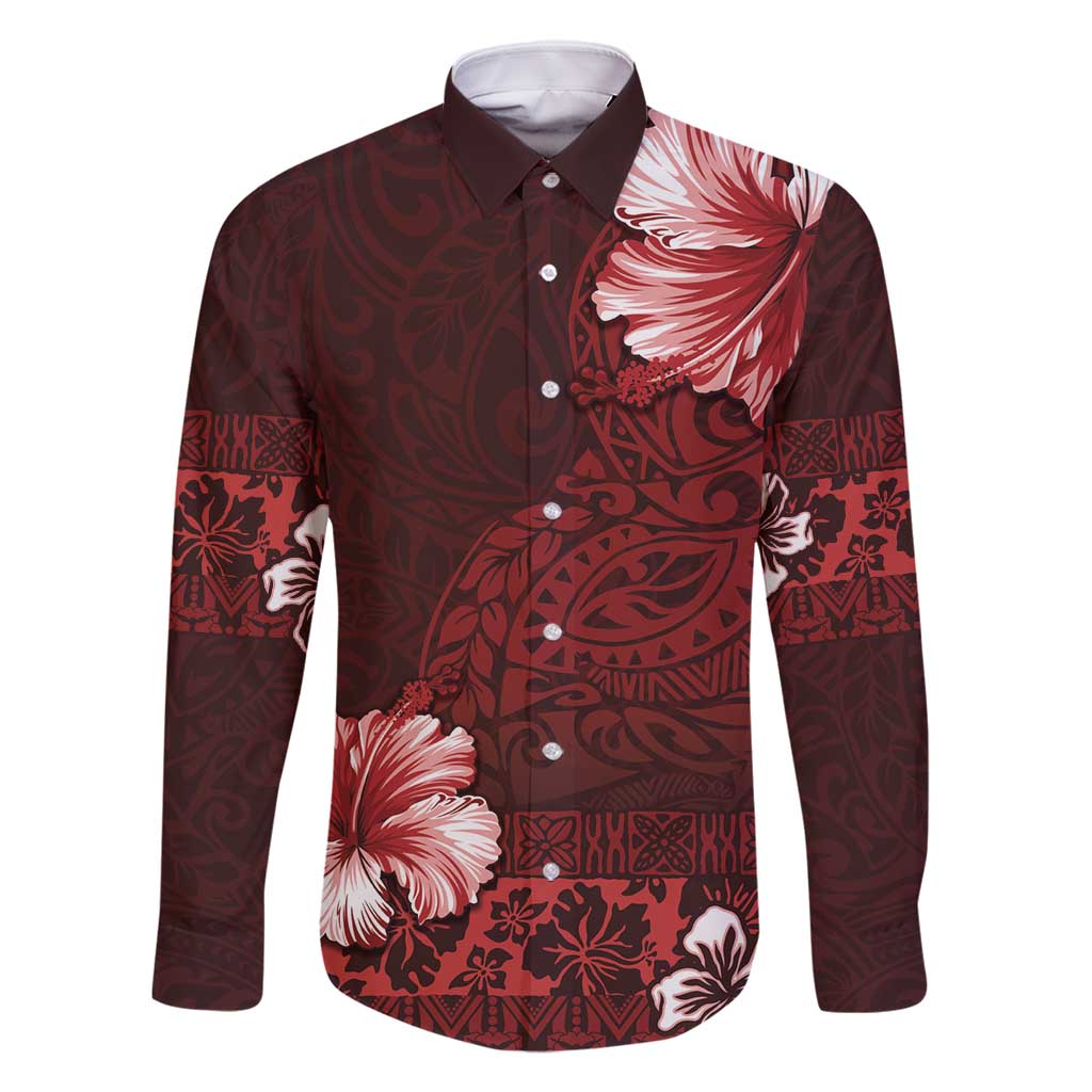 Hawaii Hibiscus With Oxblood Polynesian Pattern Family Matching Summer Maxi Dress and Hawaiian Shirt LT05 Dad's Shirt - Long Sleeve Red - Polynesian Pride