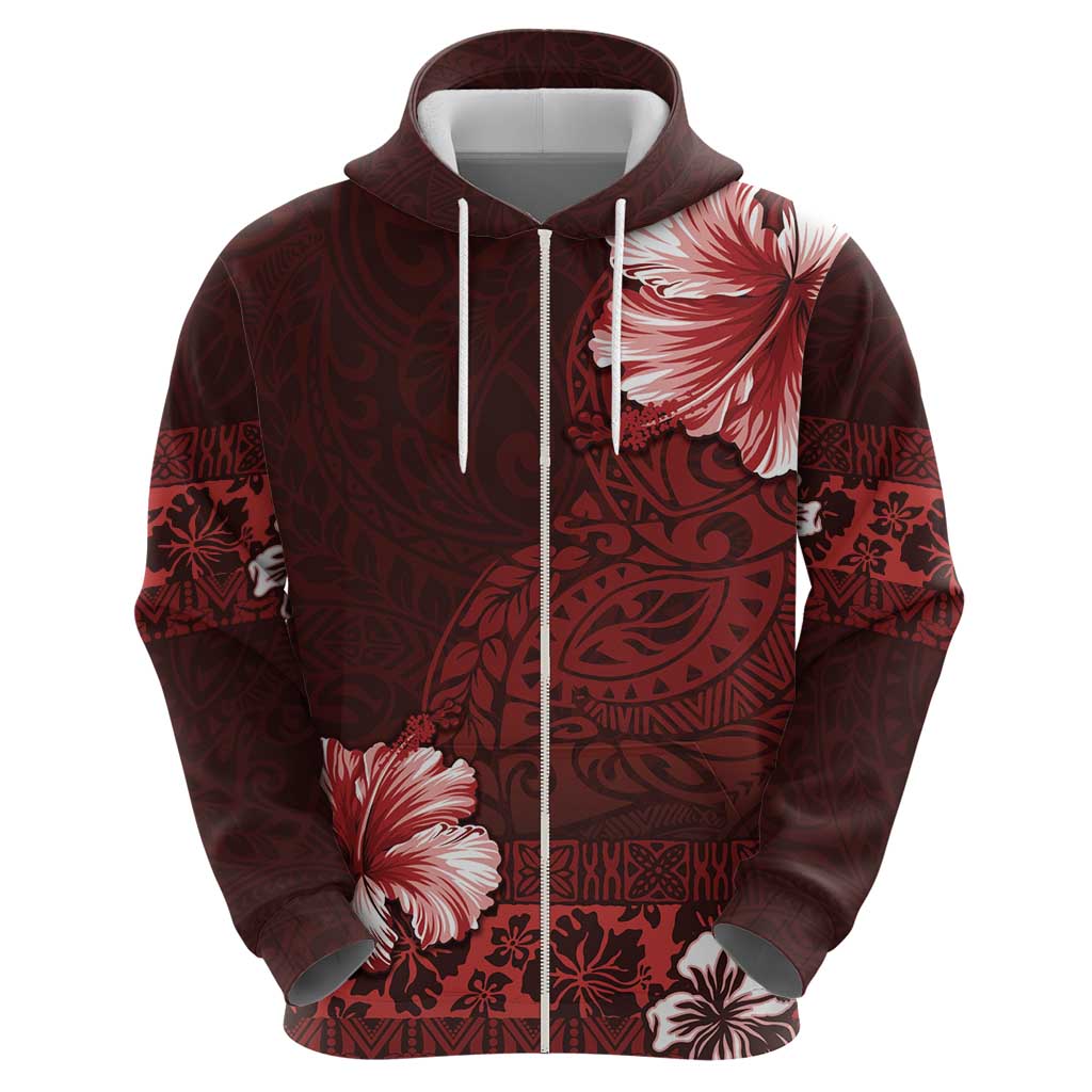 Hawaii Hibiscus With Oxblood Polynesian Pattern Zip Hoodie LT05 - Polynesian Pride