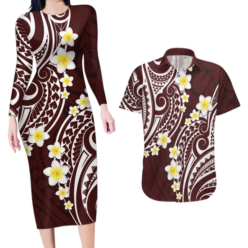 Plumeria With Oxblood Polynesian Tattoo Pattern Couples Matching Long Sleeve Bodycon Dress and Hawaiian Shirt LT05 Red - Polynesian Pride