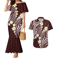 Plumeria With Oxblood Polynesian Tattoo Pattern Couples Matching Mermaid Dress and Hawaiian Shirt LT05 Red - Polynesian Pride