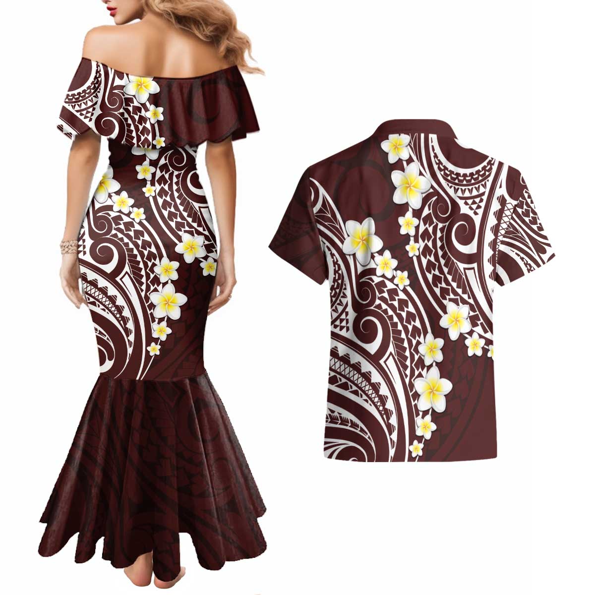 Plumeria With Oxblood Polynesian Tattoo Pattern Couples Matching Mermaid Dress and Hawaiian Shirt LT05 - Polynesian Pride